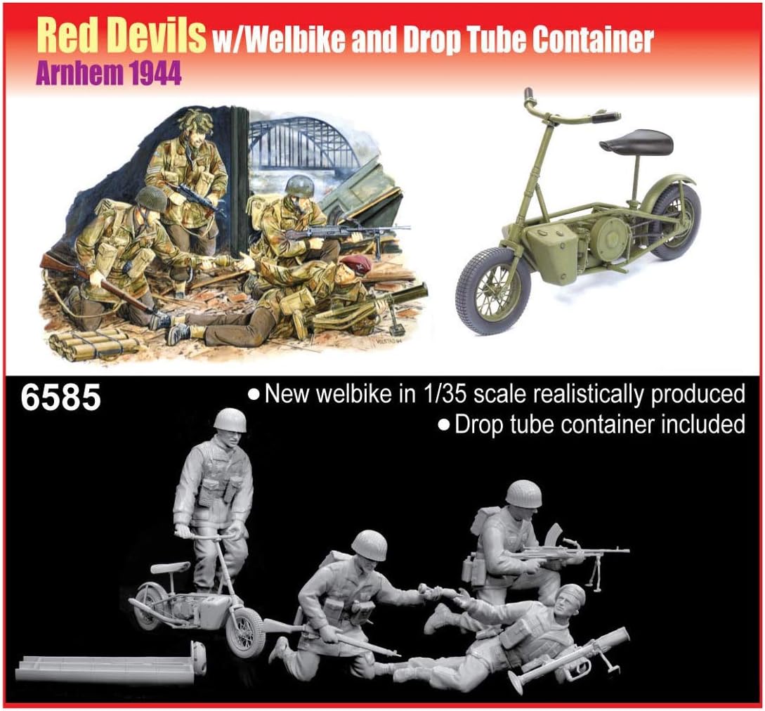 Dragon Models 1/35 Red Devils with Welbike and Drop Tube Container, Arnhem 1944 (4 Figures Set with Bike) - Premium Edition