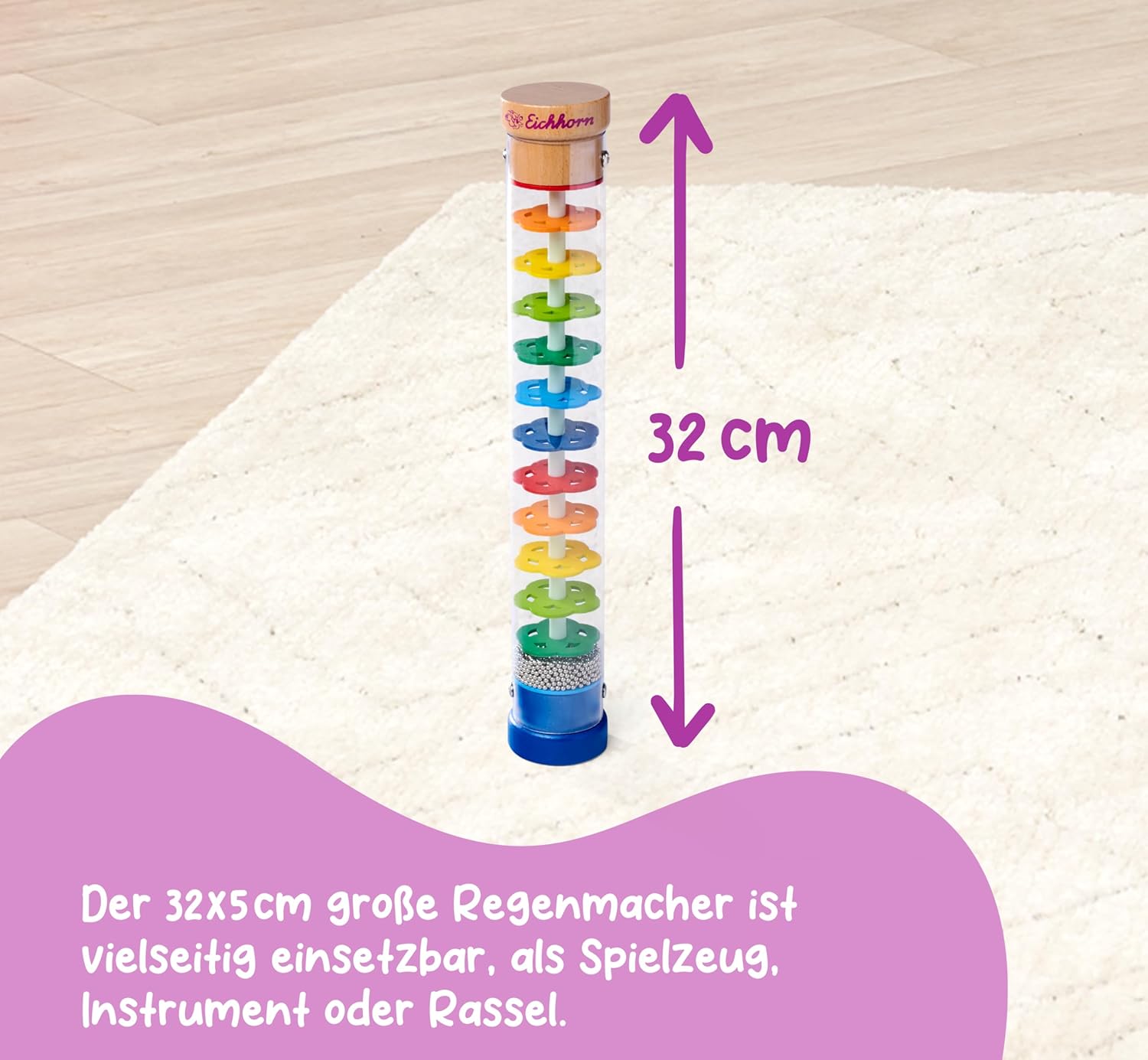 Eichhorn 100003446 Regenmacher-100003445 Rainmaker Made of Solid Wood, Plastic Tube with Metal Balls, 32 x 5 cm, Multicoloured, 32x5cm 32x5cm Single