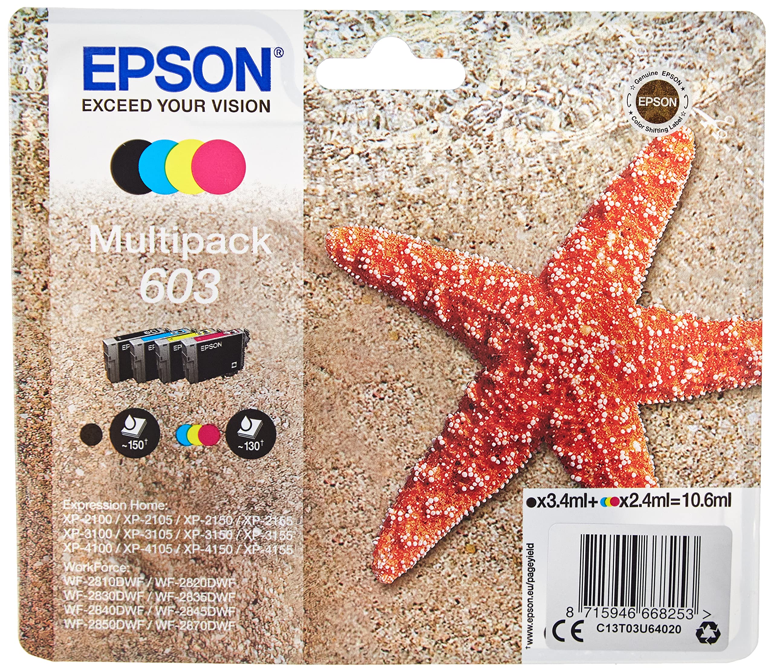Epson Stella Marina Serie 603, Cartucce per Stampante Getto d'Inchiostro, Multipack 4 Colori Nero, Ciano, Magenta, Giallo, Formato Standard, Stampe Affidabili Basso Costo fino 150 Pagine