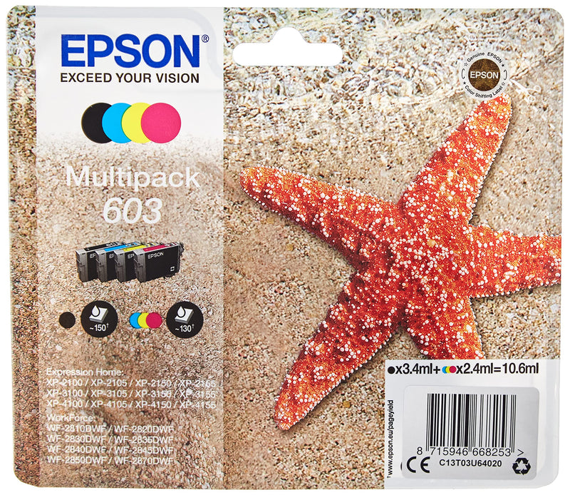 Epson Stella Marina Serie 603, Cartucce per Stampante Getto d'Inchiostro, Multipack 4 Colori Nero, Ciano, Magenta, Giallo, Formato Standard, Stampe Affidabili Basso Costo fino 150 Pagine