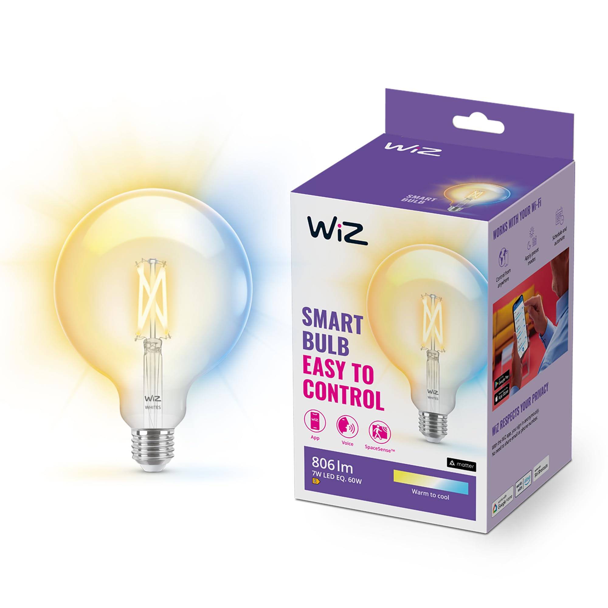 WiZ Tunable White  Smart Connected WiFi G125 Globe Light Bulb. 100W Cool to Warm White Light, App Control for Home Indoor Lighting, Livingroom, Bedroom. Clear 1 Count (Pack of 1) Globe G125 E27 Edison