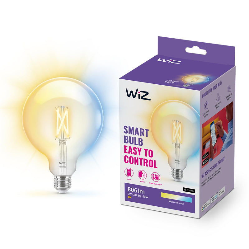 WiZ Tunable White  Smart Connected WiFi G125 Globe Light Bulb. 100W Cool to Warm White Light, App Control for Home Indoor Lighting, Livingroom, Bedroom. Clear 1 Count (Pack of 1) Globe G125 E27 Edison