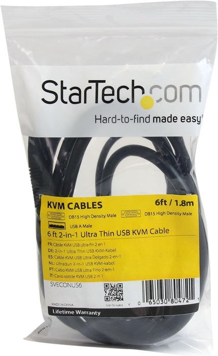 StarTech.com 6 ft Ultra-Thin USB 2-in-1 KVM Cable - Keyboard / video / mouse / USB cable - USB, HD-15 (VGA) (M) to HD-15 (VGA) (M) - 6 ft - black (SVECONUS6) 6 ft/2 m - VGA Integrated USB