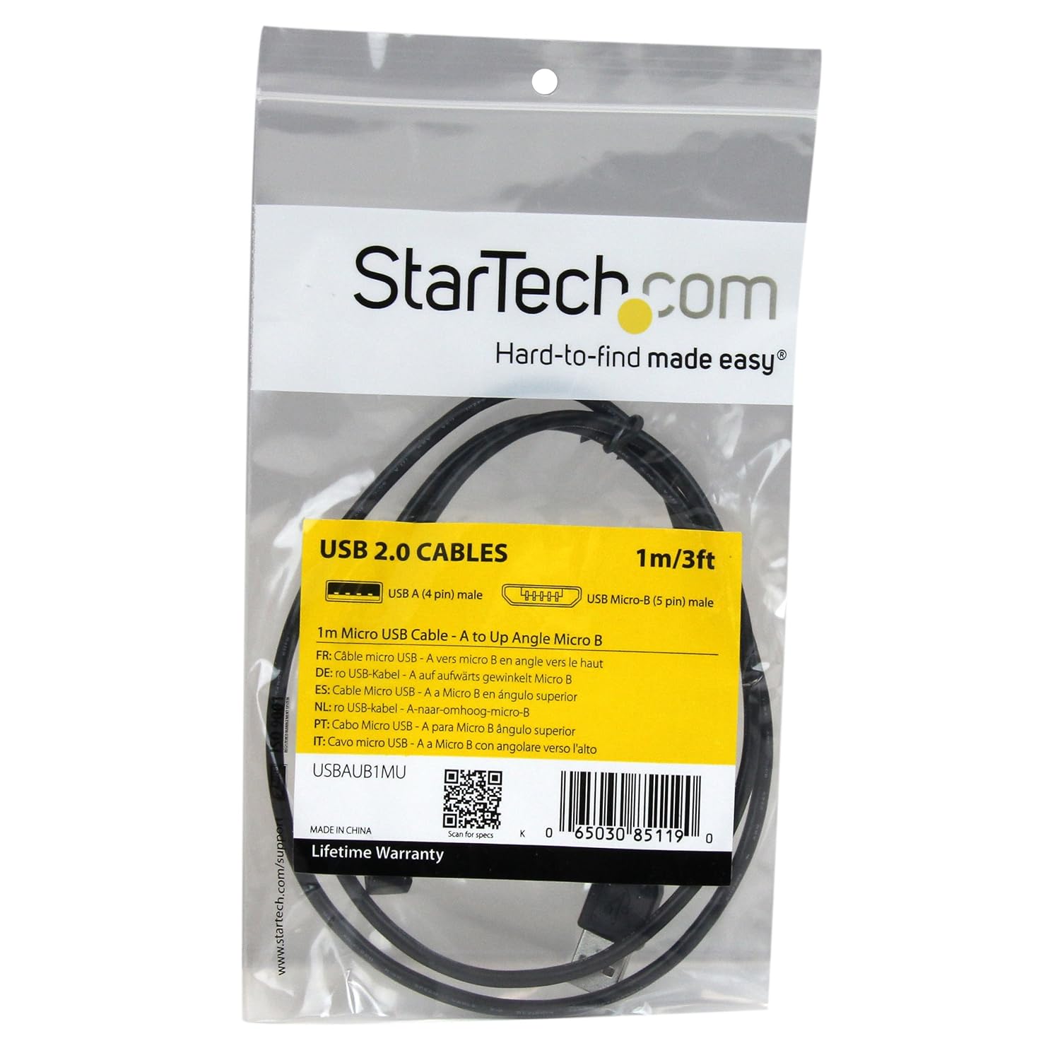 StarTech.com USBAUB1MU 1 m Micro USB Cable Cord, A to Up Angle Micro B, Up Angled Micro USB Cable, 1x USB A (M), 1x USB Micro B (M) - Black