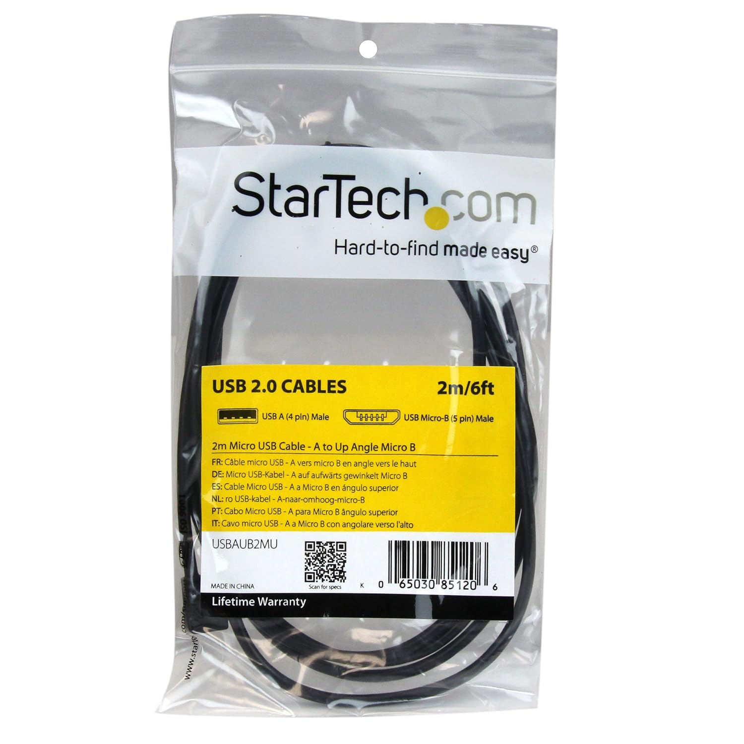 StarTech.com USBAUB2MU 2 m Micro USB Cable Cord, A to Up Angle Micro B, Up Angled Micro USB Cable, 1x USB A (M), 1x USB Micro B (M) - Black