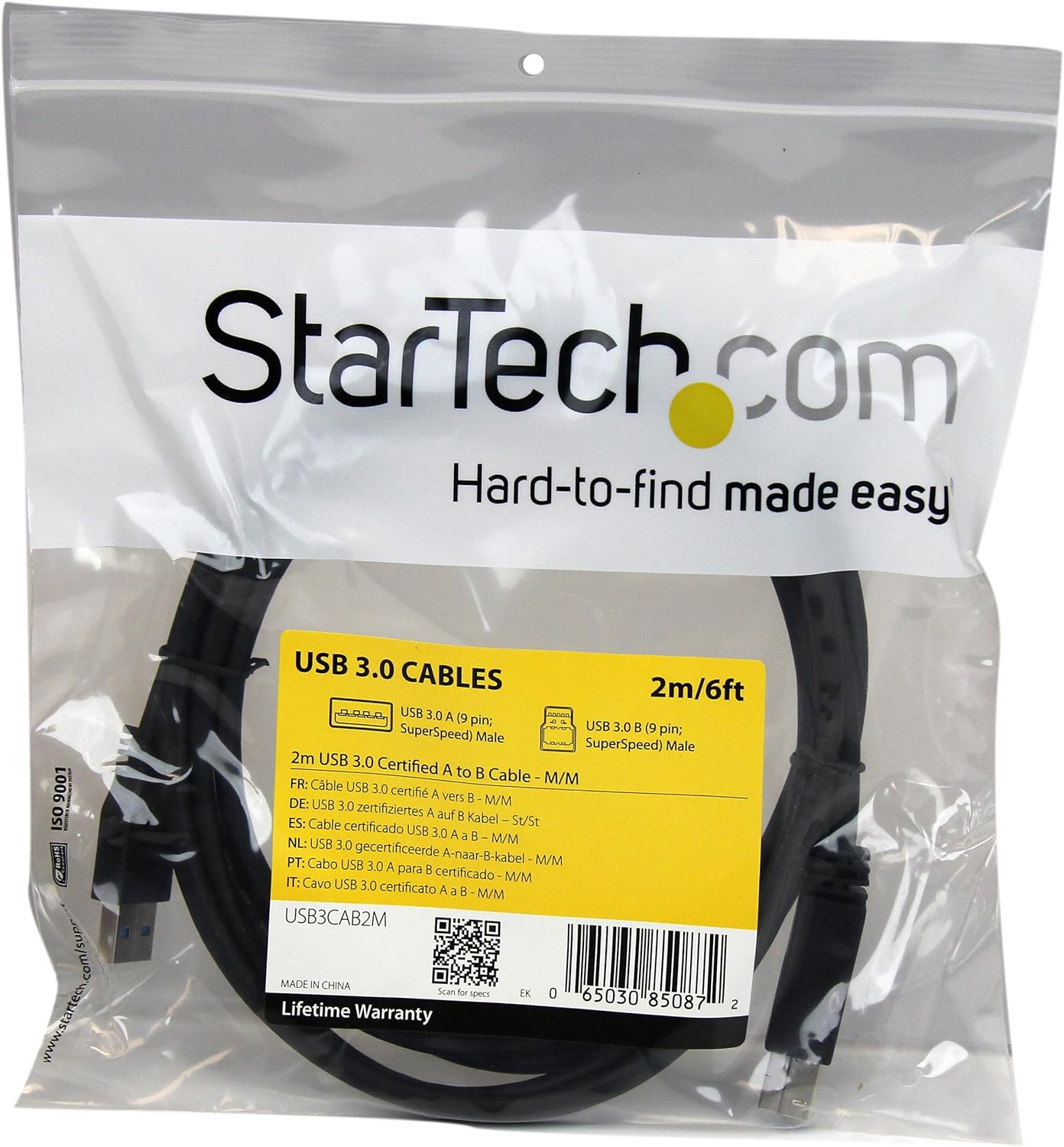 StarTech.com 2m 6 ft Certified SuperSpeed USB 3.0 A to B Cable Cord - USB 3 Cable - 1x USB 3.0 A (M), 1x USB 3.0 B (M) - 2 meter, Black (USB3CAB2M) Black 6 ft/2 m