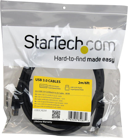 StarTech.com 2m 6 ft Certified SuperSpeed USB 3.0 A to B Cable Cord - USB 3 Cable - 1x USB 3.0 A (M), 1x USB 3.0 B (M) - 2 meter, Black (USB3CAB2M) Black 6 ft/2 m