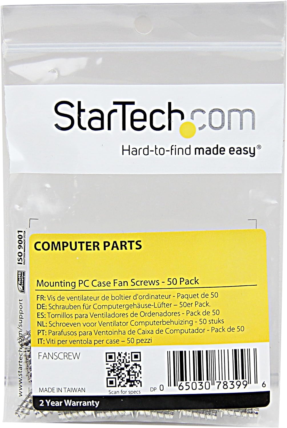 StarTech.com Screws for Case Fan Mounting - Screw kit - 0.4 in (pack of 50) (FANSCREW), Silver