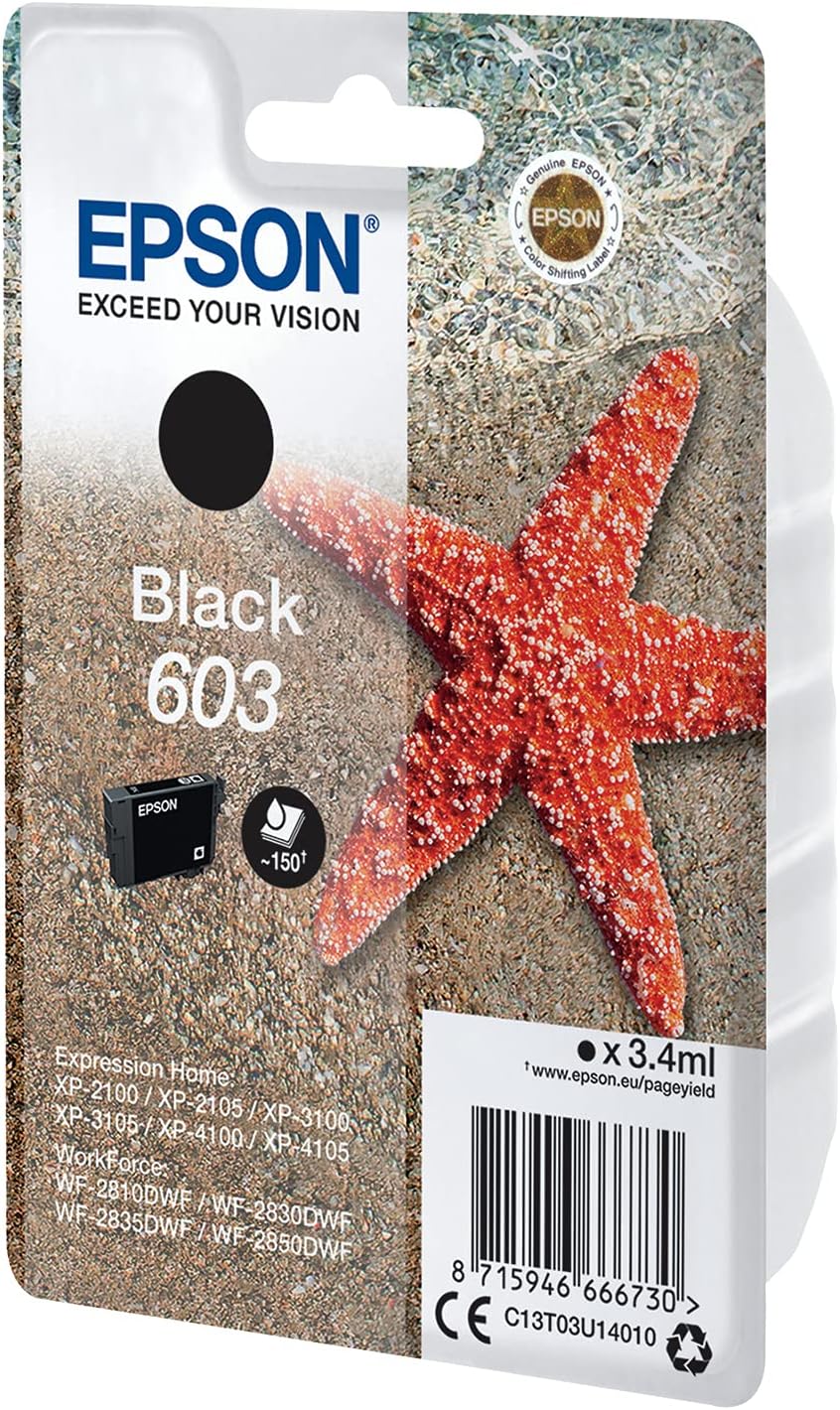 Epson 603 Etoile de Mer Noir, Cartouche d'encre d'origine, XP-2100 XP-2105 XP-2150 XP-2155 XP-3100 XP-3105 XP-3150 XP-3155 XP-4100 XP-4150 WF-2810DWF WF-2820 WF-2830DWF WF-2840 WF-2850DWF WF-2870