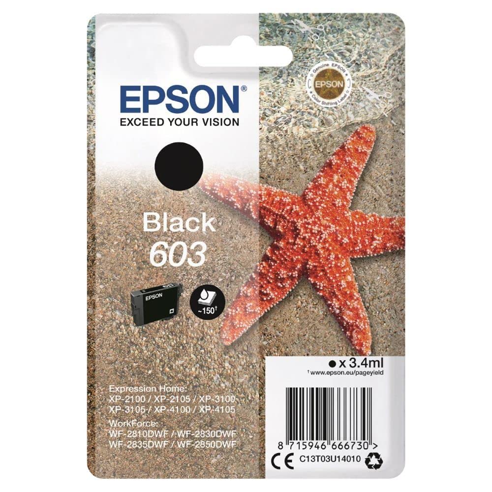 Epson 603 Etoile de Mer Noir, Cartouche d'encre d'origine, XP-2100 XP-2105 XP-2150 XP-2155 XP-3100 XP-3105 XP-3150 XP-3155 XP-4100 XP-4150 WF-2810DWF WF-2820 WF-2830DWF WF-2840 WF-2850DWF WF-2870