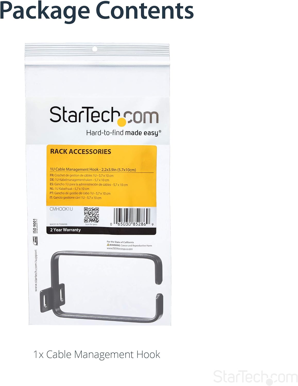 Startech CMHOOK1U 1U Vertical Server Rack Cable Management D-Ring Hook with Rack Cable Organizer/Rackmount Cable Ring,Black,5.7x10cm