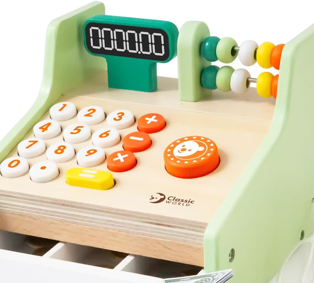 Classic World - Children's Wooden Cash Register Pretend Play Supermarket Shop Till Educational Role Play