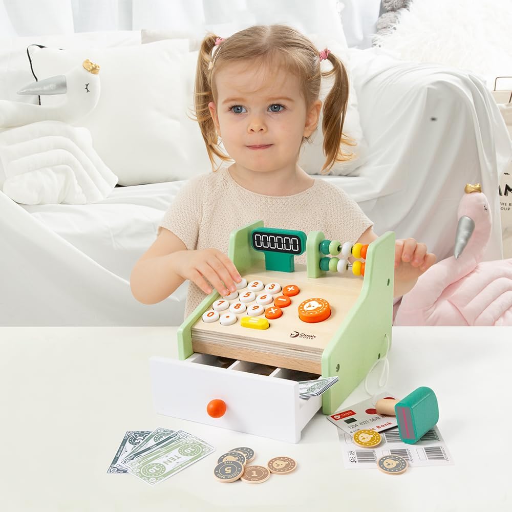 Classic World - Children's Wooden Cash Register Pretend Play Supermarket Shop Till Educational Role Play