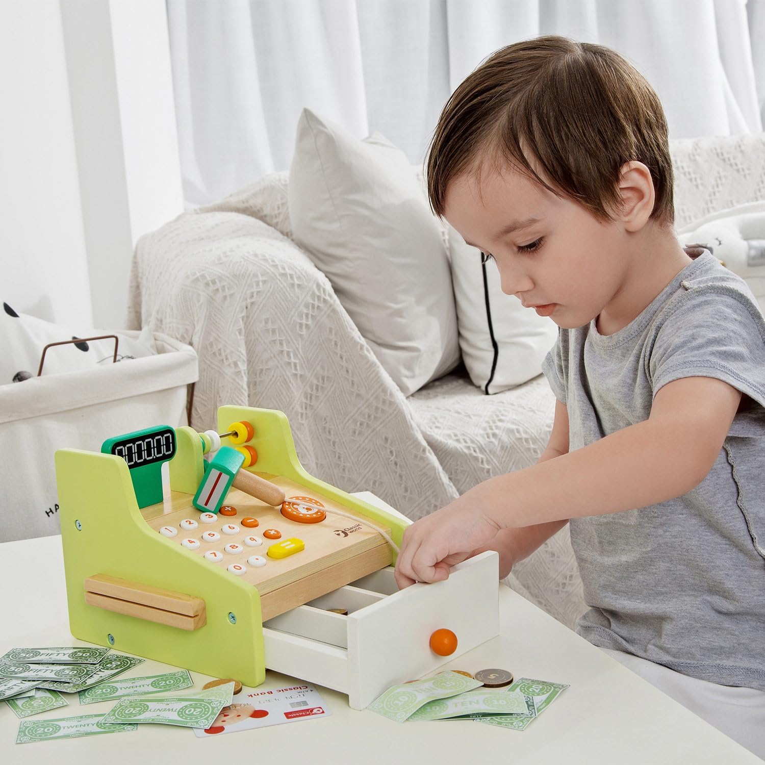Classic World - Children's Wooden Cash Register Pretend Play Supermarket Shop Till Educational Role Play