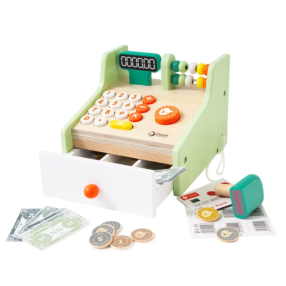 Classic World - Children's Wooden Cash Register Pretend Play Supermarket Shop Till Educational Role Play