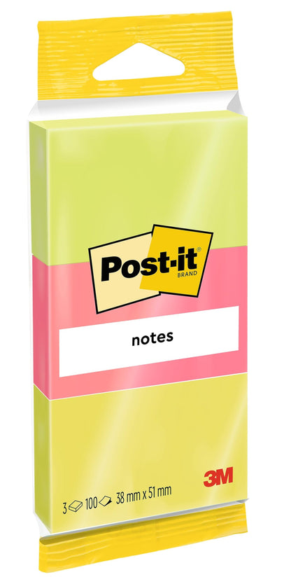 Post-it Notes, Assorted Neon Colours Yellow, Pink, Green, 3 Pads 38 mm x 51 mm, 100 Sheets per Pad - Self-Sticking Notes for Walls, Monitors and Fridge
