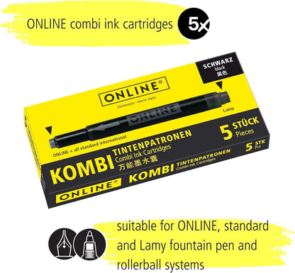 Online double-sided pen ink cartridges, universal pen refills, compatible with all common fountain pens, even Lamy pens - 5 spare cartridges - colour black, 17306/12
