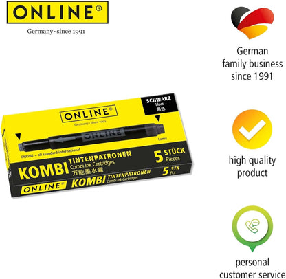 Online double-sided pen ink cartridges, universal pen refills, compatible with all common fountain pens, even Lamy pens - 5 spare cartridges - colour black, 17306/12