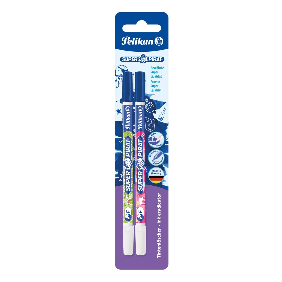 Pelikan 921742 - Corrector bolígrafo Super Pirat 850B de tinta de doble punta, punta de pluma correctora F, 2 piezas, kit escolar