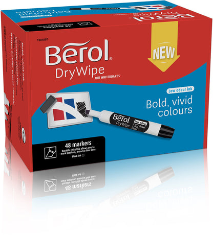 Berol DryWipe Whiteboard Marker Pens | Chisel Tip | Black Low-Odour Ink | 48 Count Dry Erase Markers