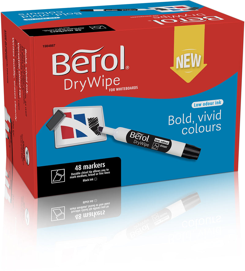 Berol DryWipe Whiteboard Marker Pens | Chisel Tip | Black Low-Odour Ink | 48 Count Dry Erase Markers