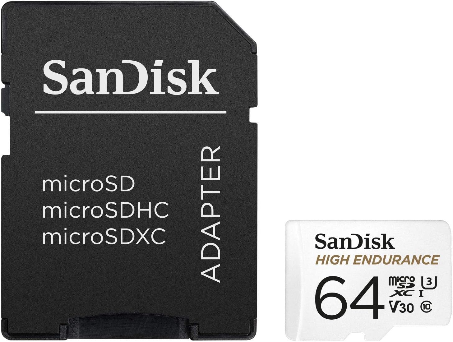 SanDisk HIGH ENDURANCE Video Monitoring for Dashcams & Home Monitoring 64 GB microSDXC Memory Card + SD Adaptor, Up to 100 MB/s read and 40 MB/s Write, Class 10, U3, V30, White 64 GB High Endurance Si