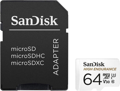 SanDisk HIGH ENDURANCE Video Monitoring for Dashcams & Home Monitoring 64 GB microSDXC Memory Card + SD Adaptor, Up to 100 MB/s read and 40 MB/s Write, Class 10, U3, V30, White 64 GB High Endurance Si