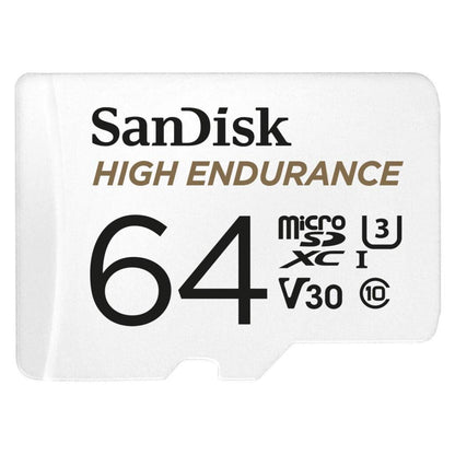 SanDisk HIGH ENDURANCE Video Monitoring for Dashcams & Home Monitoring 64 GB microSDXC Memory Card + SD Adaptor, Up to 100 MB/s read and 40 MB/s Write, Class 10, U3, V30, White 64 GB High Endurance Si