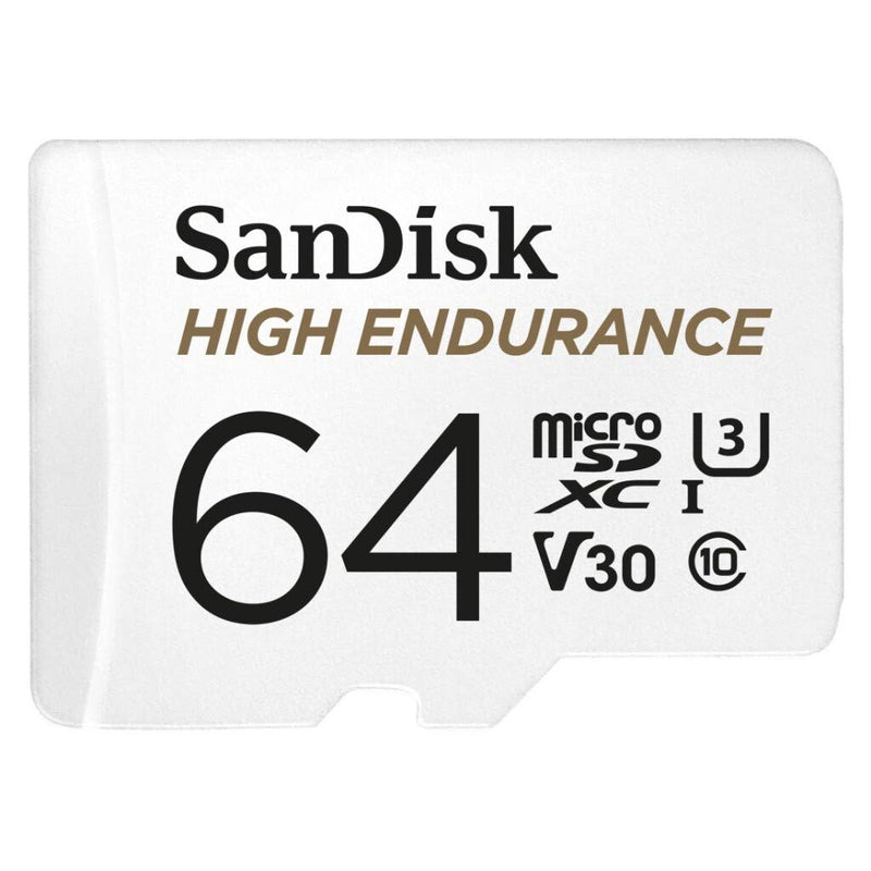 SanDisk HIGH ENDURANCE Video Monitoring for Dashcams & Home Monitoring 64 GB microSDXC Memory Card + SD Adaptor, Up to 100 MB/s read and 40 MB/s Write, Class 10, U3, V30, White 64 GB High Endurance Si
