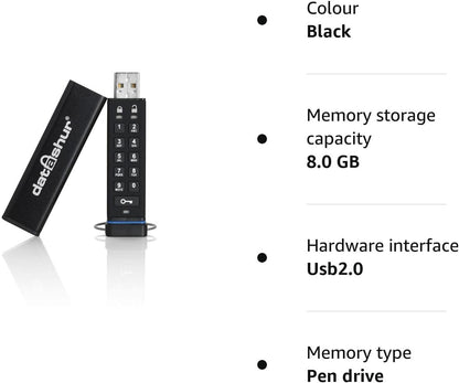 iStorage datAshur 8 GB Secure Flash Drive Password protected Dust & Water Resistant Portable Hardware Encryption