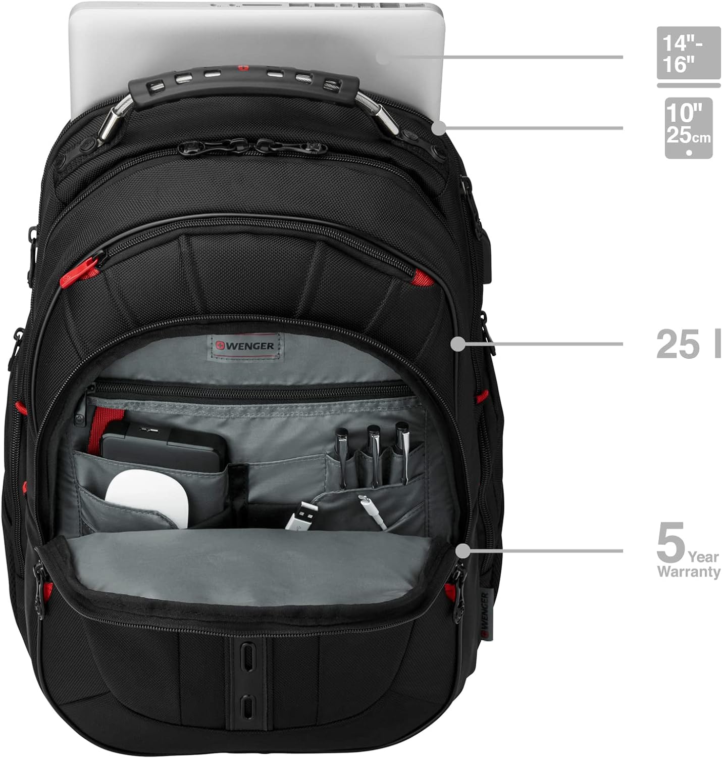 Wenger 606492 Pegasus Ballistic Deluxe 14'/16' Expandable Laptop Backpack, Padded Laptop Compartment with SmartCharge USB Port in Black (25 litres