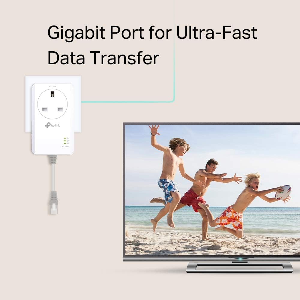 TP-Link TL-PA7017P KIT Gigabit Passthrough Powerline Starter Kit, Data transfer speed Up To 1000 Mbps, Ideal for HD/3D/4K video streaming and Online Gaming, No Configuration required, UK Plug