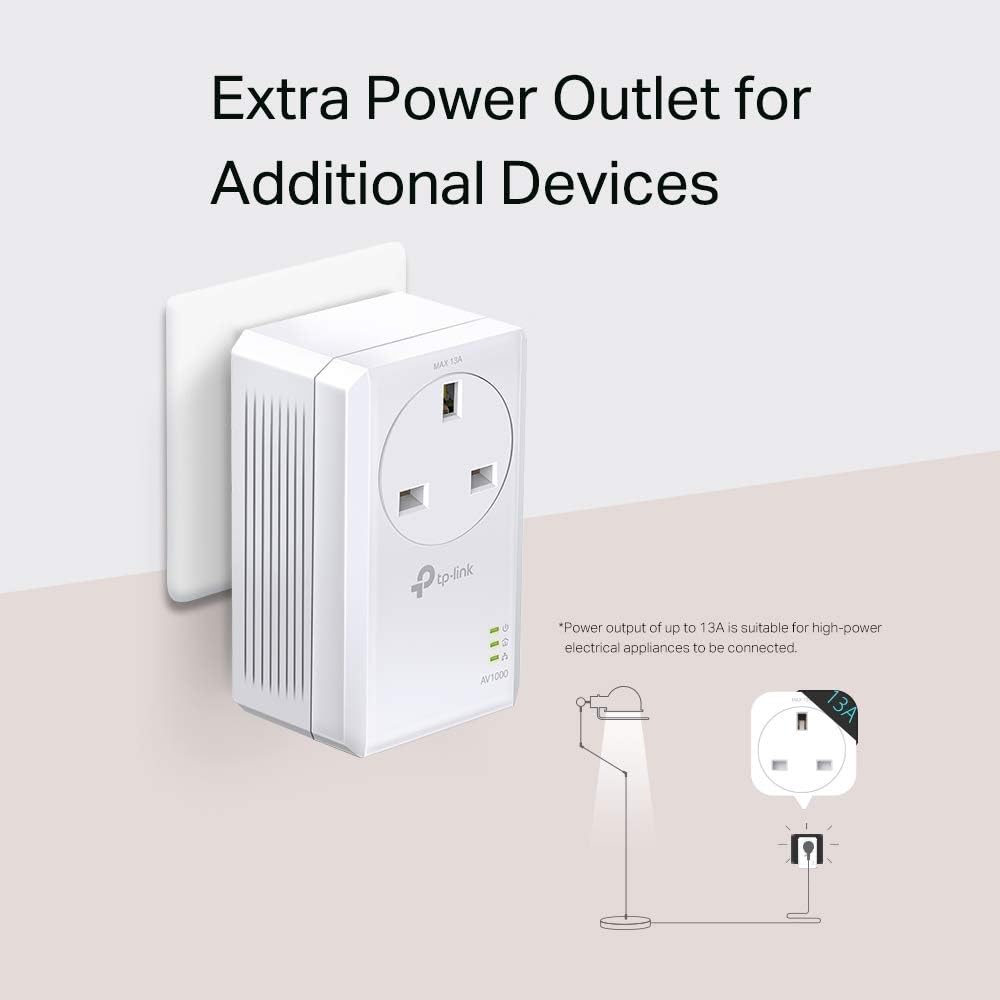 TP-Link TL-PA7017P KIT Gigabit Passthrough Powerline Starter Kit, Data transfer speed Up To 1000 Mbps, Ideal for HD/3D/4K video streaming and Online Gaming, No Configuration required, UK Plug