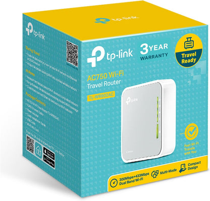 TP-Link AC750 Dual Band Wi-Fi Travel Router (Support Router Mode/Hotspot/Range Extender Mode/Client Mode/Access Point Mode, 1 USB 2.0 Port/1 Micro USB Port, 1 WPS Button, UK Plug (TL-WR902AC