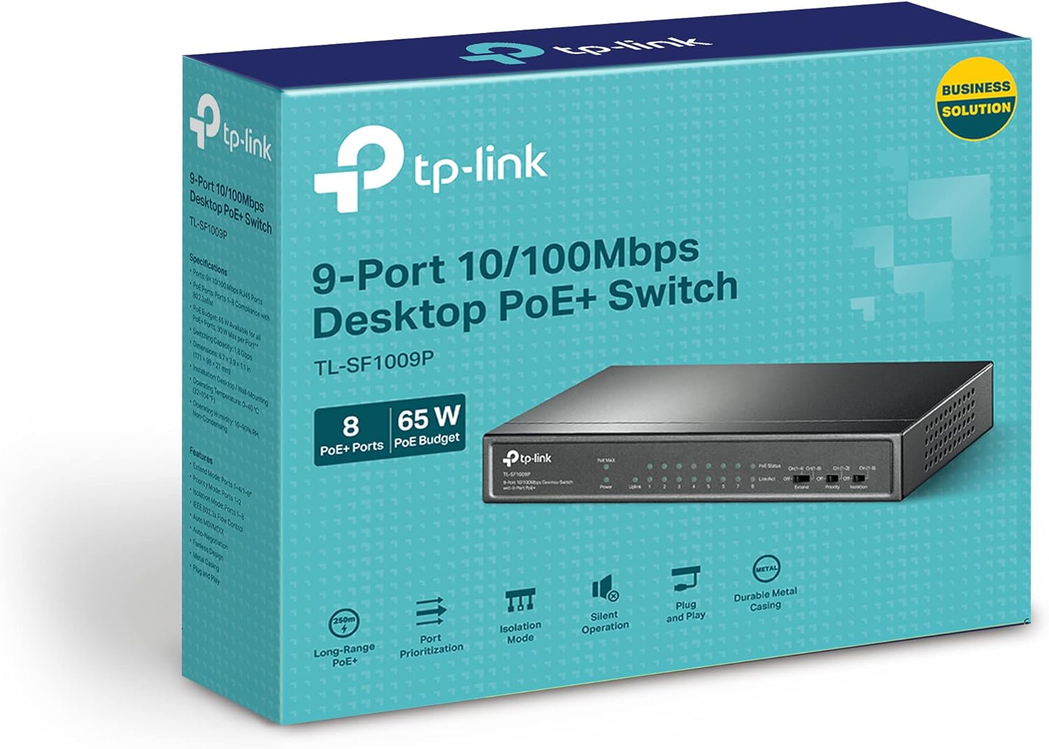 TL-Link TL-SF1009P 9-Port 10/100Mbps Desktop Switch with 8-Port PoE+, Plug and play No Configuration Required