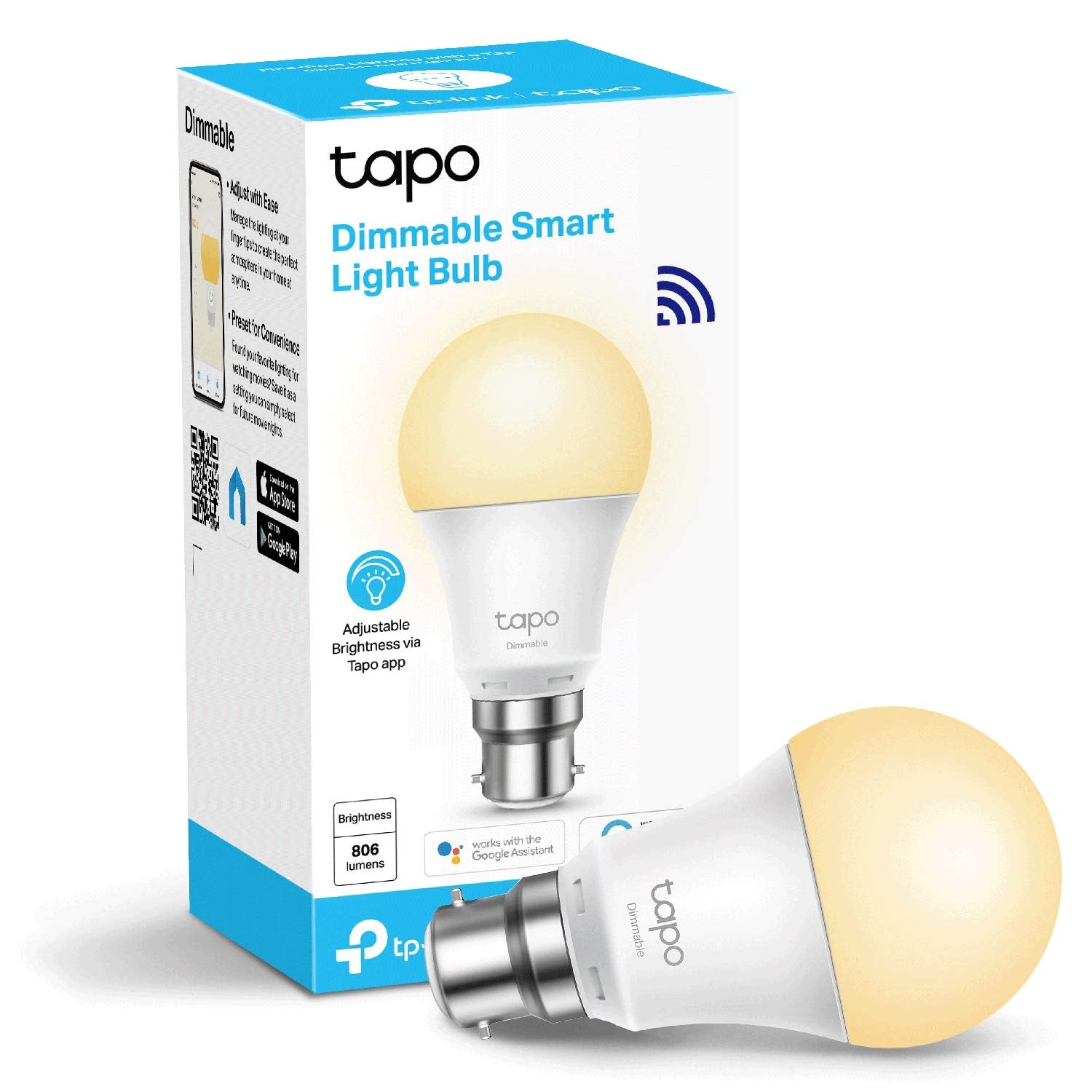 Tapo Smart Bulb, Smart Wi-Fi LED Light, B22, 8.7W, Energy saving, Works with Amazon Alexa and Google Home, Dimmable Soft Warm White, No Hub Required (Tapo L510B)  1 Count (Pack of 1) Dimmable Soft War