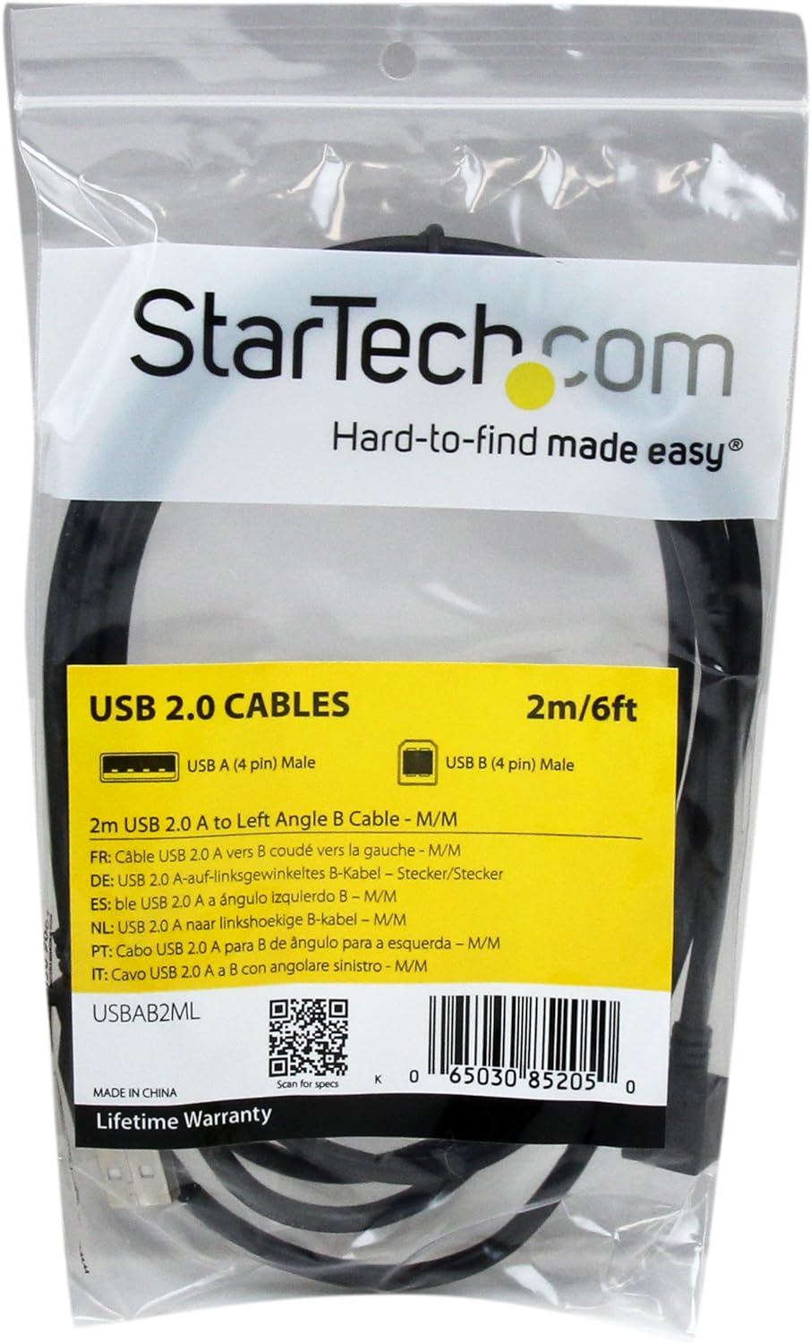StarTech.com USBAB2ML 2 m USB 2.0 A to Left Angle B Cable Cord, 2 m USB Printer Cable, Left Angle USB B Cable, 1x USB A (M), 1x USB B (M), Black