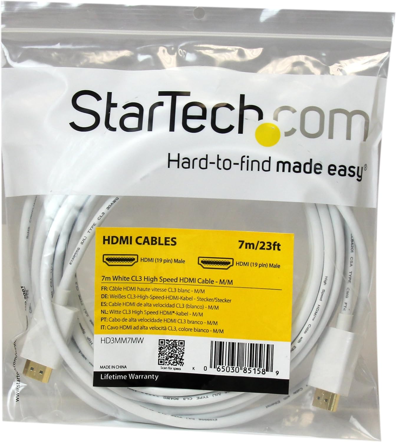 StarTech.com 7m / 23 ft CL3 Rated HDMI Cable w/ Ethernet - In Wall Rated Ultra HD HDMI Cable - 4K 30Hz UHD High Speed HDMI Cable - 10.2 Gbps - HDMI 1.4 Video/Display Cable - 30AWG, White (HD3MM7MW