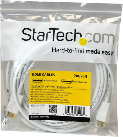StarTech.com 7m / 23 ft CL3 Rated HDMI Cable w/ Ethernet - In Wall Rated Ultra HD HDMI Cable - 4K 30Hz UHD High Speed HDMI Cable - 10.2 Gbps - HDMI 1.4 Video/Display Cable - 30AWG, White (HD3MM7MW