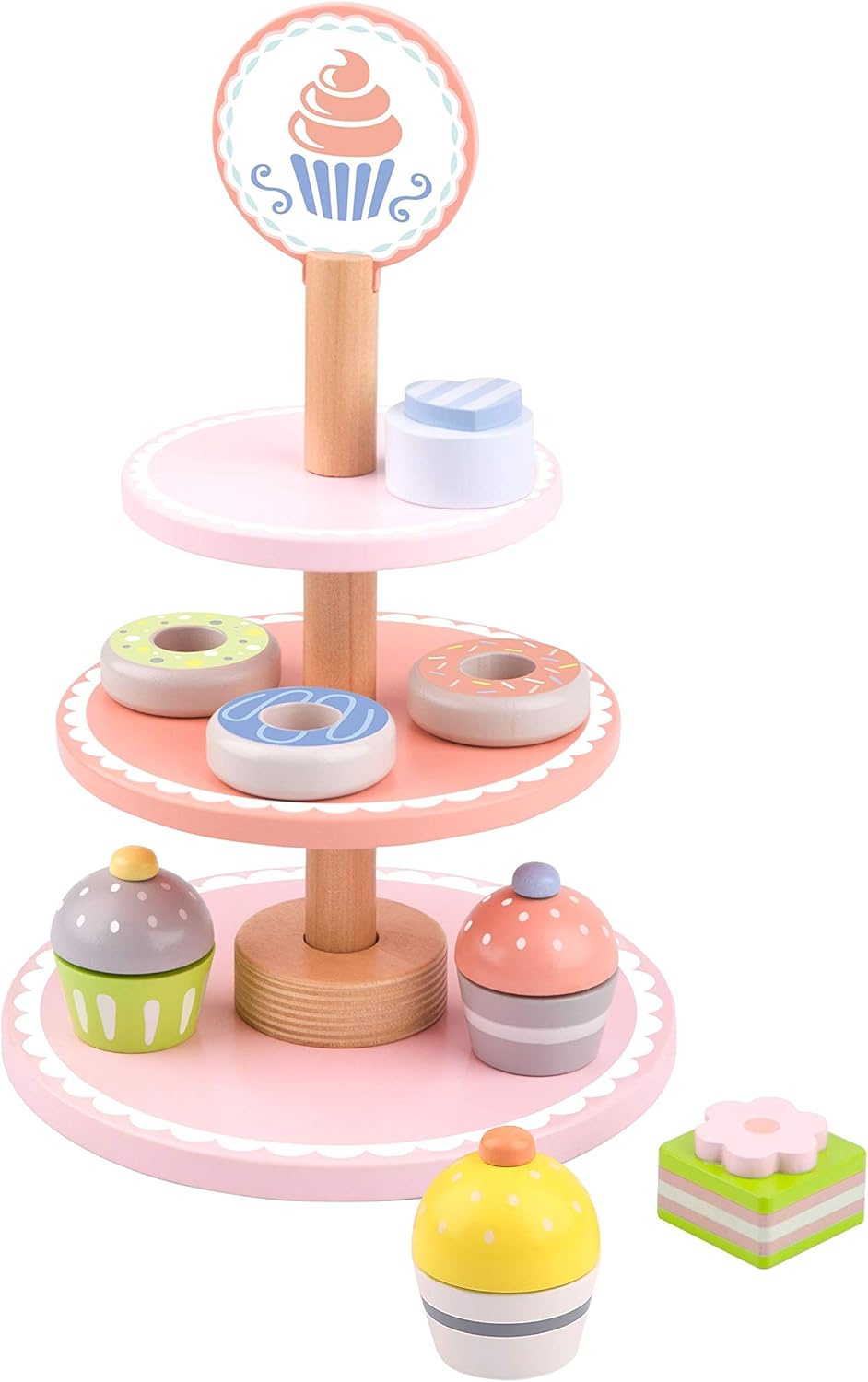 Tooky Toy 6972633370499 Etagere Toys Stand with Wooden Cupcakes, Cakes and Chocolate-Dessert Tower for Children from 3 Years-Approx. 19 x 37 cm (Diameter x Height)