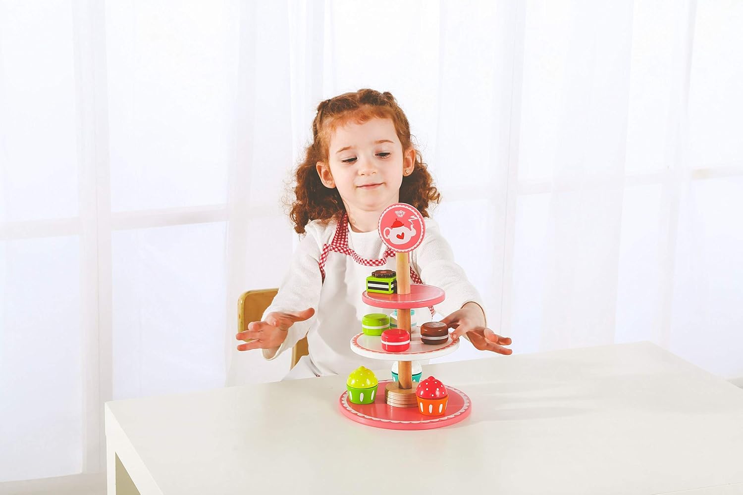 Tooky Toy 6972633370499 Etagere Toys Stand with Wooden Cupcakes, Cakes and Chocolate-Dessert Tower for Children from 3 Years-Approx. 19 x 37 cm (Diameter x Height)