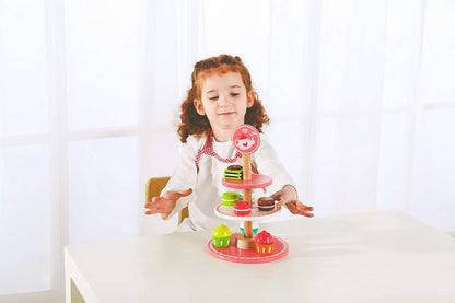 Tooky Toy 6972633370499 Etagere Toys Stand with Wooden Cupcakes, Cakes and Chocolate-Dessert Tower for Children from 3 Years-Approx. 19 x 37 cm (Diameter x Height)