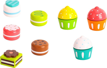 Tooky Toy 6972633370499 Etagere Toys Stand with Wooden Cupcakes, Cakes and Chocolate-Dessert Tower for Children from 3 Years-Approx. 19 x 37 cm (Diameter x Height)
