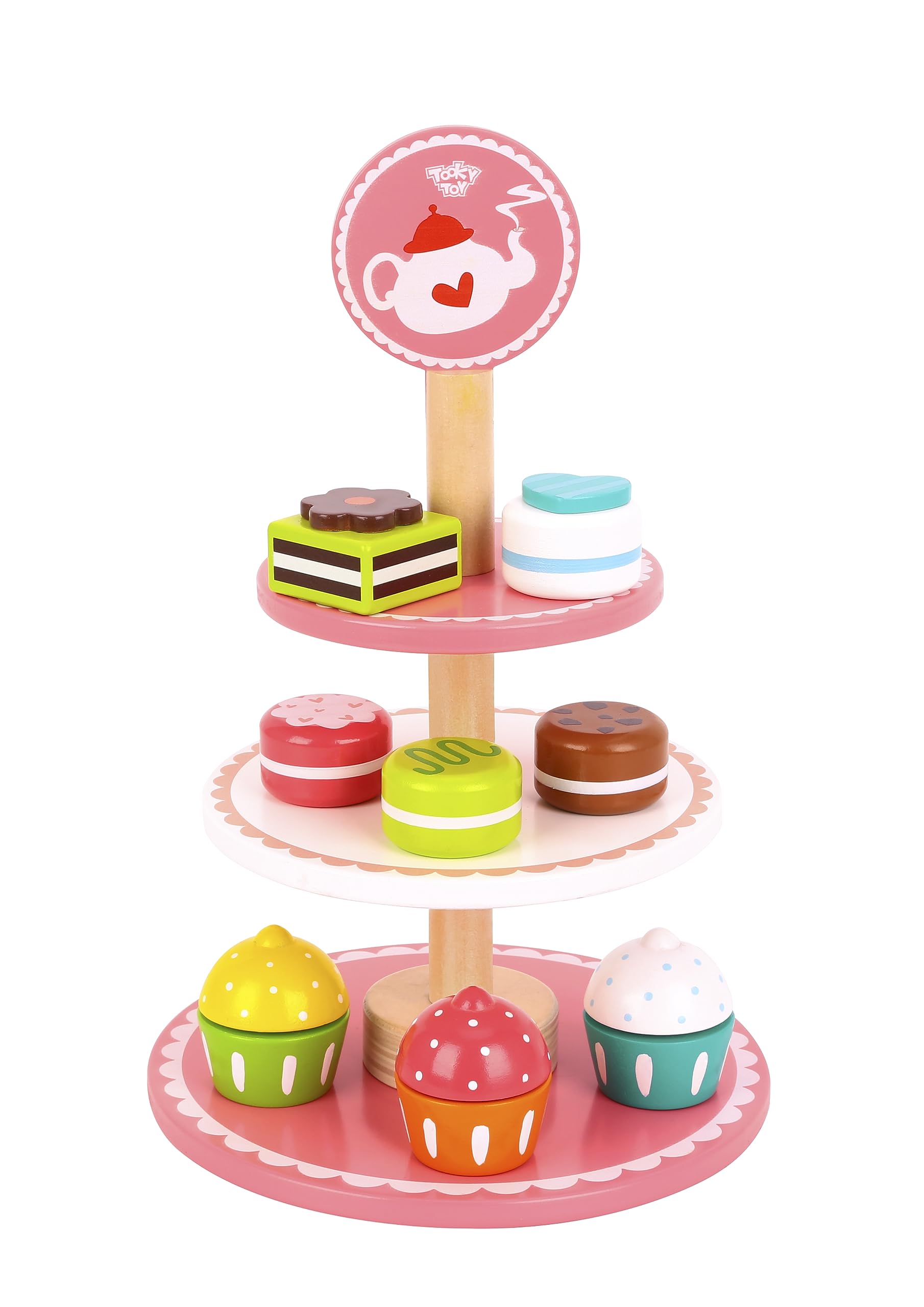 Tooky Toy 6972633370499 Etagere Toys Stand with Wooden Cupcakes, Cakes and Chocolate-Dessert Tower for Children from 3 Years-Approx. 19 x 37 cm (Diameter x Height)