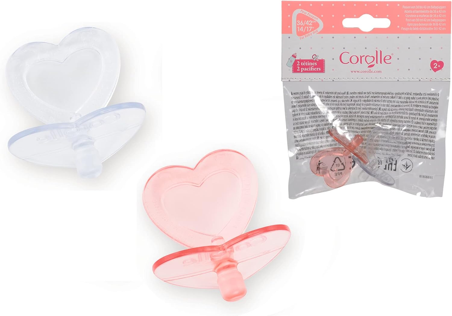 Corolle - Heart Shaped Doll Pacifier Accessory for 14-17" Dolls, 2 Pack, Clear/Pink (140370