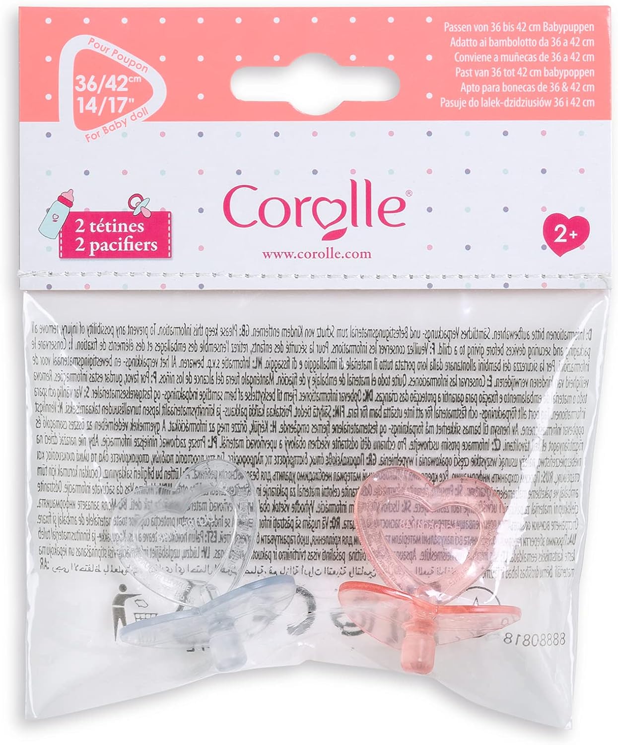 Corolle - Heart Shaped Doll Pacifier Accessory for 14-17" Dolls, 2 Pack, Clear/Pink (140370