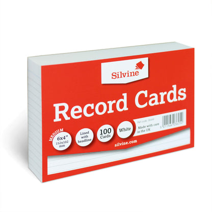 Silvine A6 White Record Cards - Lined with Headline, 100 Cards Per Pack (Size 6x4"