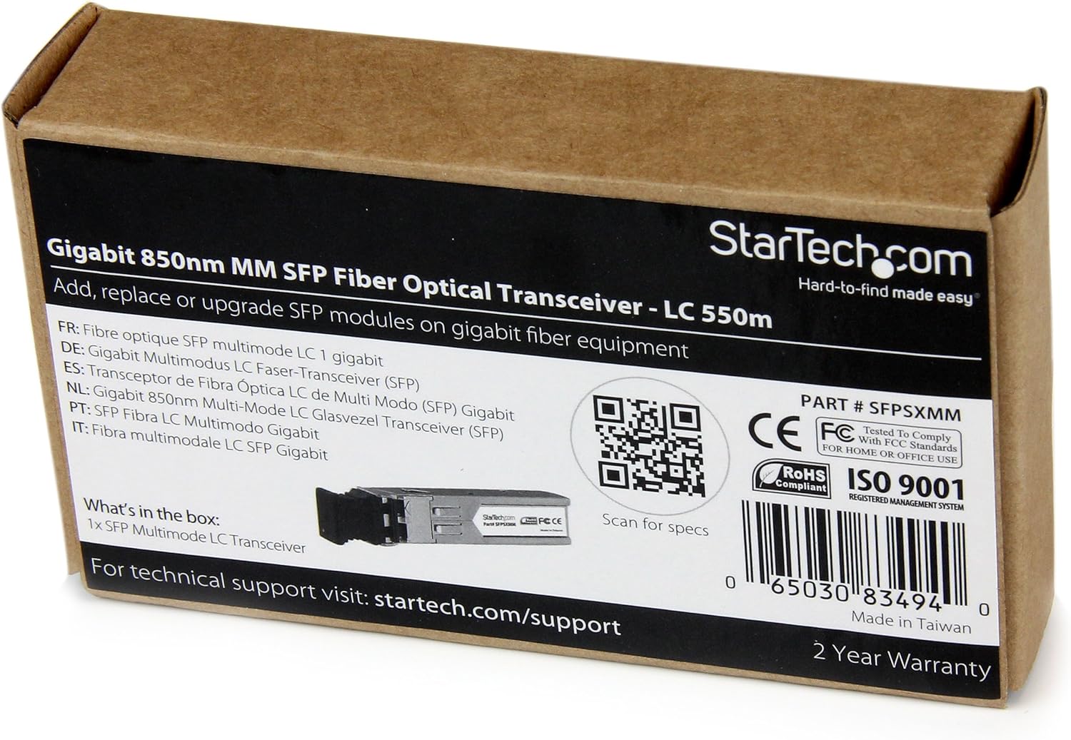 StarTech.com MSA Uncoded Compatible SFP Module - 1000BASE-SX - 1GbE Multi Mode Fiber (MMF) Optic Transceiver - 1GE Gigabit Ethernet SFP - LC 550m - 850nm - DDM (SFPSXMM