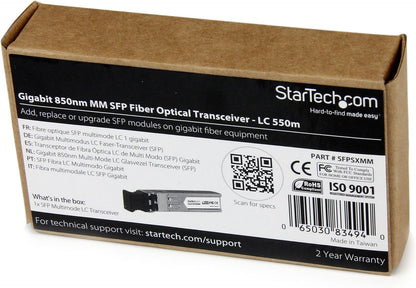 StarTech.com MSA Uncoded Compatible SFP Module - 1000BASE-SX - 1GbE Multi Mode Fiber (MMF) Optic Transceiver - 1GE Gigabit Ethernet SFP - LC 550m - 850nm - DDM (SFPSXMM