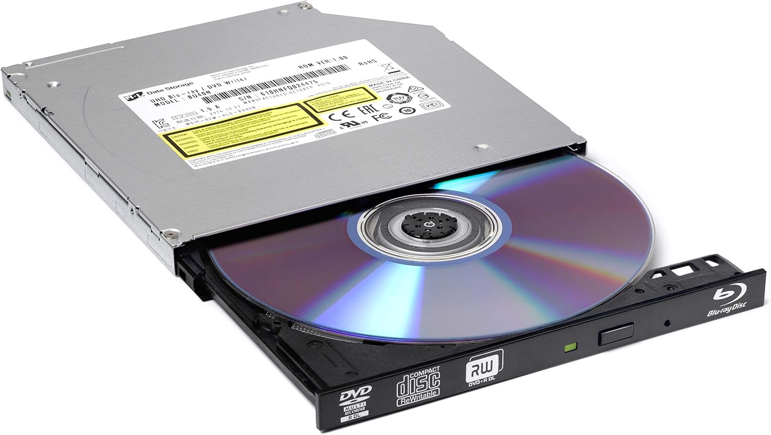 Hitachi-LG BU40N Internal UHD Blu-Ray/DVD Drive/Burner, Slim 9.5 mm Rewriter for Laptop, Desktop PC, Windows 10 Compatible, Ultra HD 4K Playback, M-Disc Support (Bare Drive